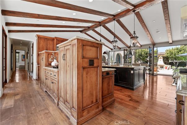 Interior, Kitchen, Pendant Lights, Recessed Lighting, Wooden Beams, Wood Texture Flooring