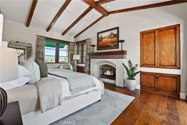 Bedroom, Fireplace, Interior, Recessed Lighting, Wooden Beams, Wood Texture Flooring