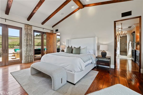 Bedroom, Chandelier, Interior, Recessed Lighting, Wooden Beams, Wood Texture Flooring