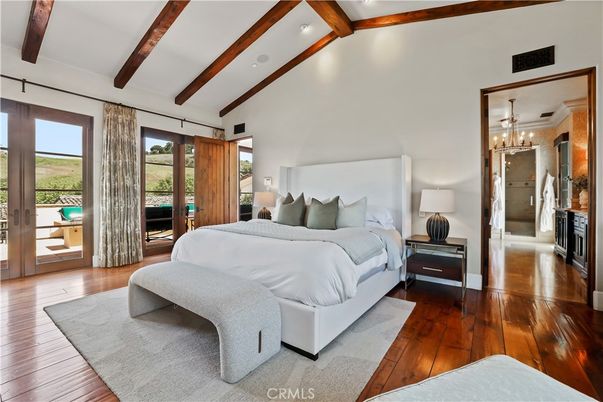 Bedroom, Chandelier, Interior, Recessed Lighting, Wooden Beams, Wood Texture Flooring