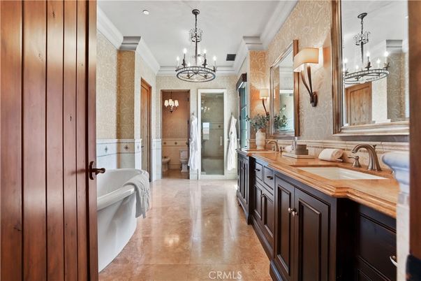 Bathroom, Chandelier, Dual Sink Vanities, Free Standing Baths, Glass Shower, Interior, Recessed Lighting