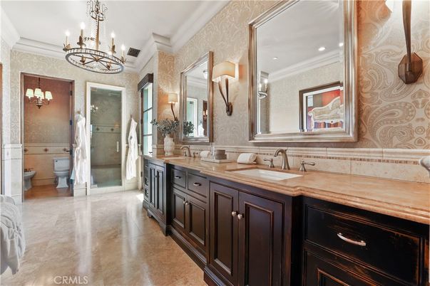 Bathroom, Chandelier, Dual Sink Vanities, Glass Shower, Interior, Recessed Lighting