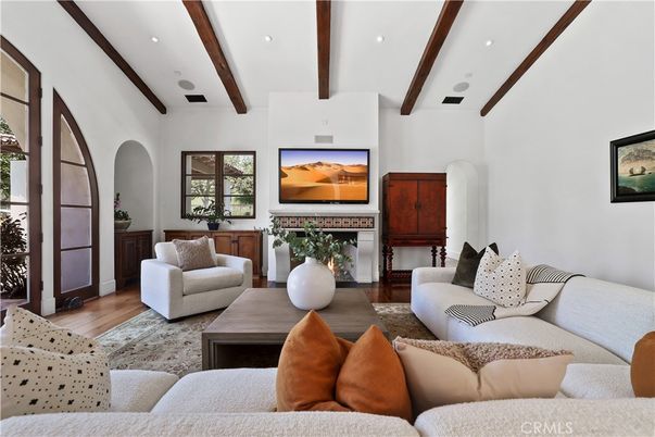 Fireplace, Interior, Living room, Recessed Lighting, Wooden Beams, Wood Texture Flooring