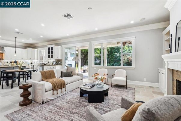 Dining room, Fireplace, Interior, Kitchen, Living room, Pendant Lights, Recessed Lighting