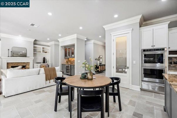 Dining room, Fireplace, Interior, Kitchen, Living room, Recessed Lighting, Stainless Steel Appliances