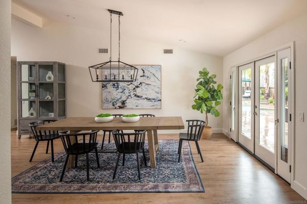 Dining room, Interior, Pendant Lights, Wood Texture Flooring