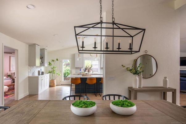 Dining room, Interior, Kitchen, Pendant Lights, Recessed Lighting, Wood Texture Flooring