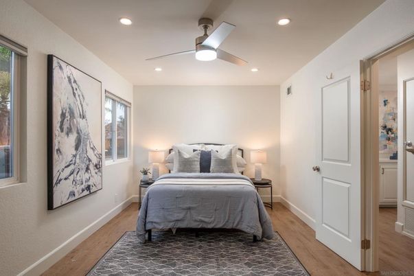 Bedroom, Interior, Recessed Lighting, Wood Texture Flooring