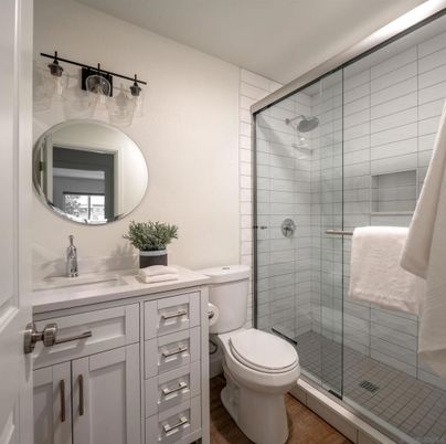 Bathroom, Glass Shower, Interior, Wood Texture Flooring