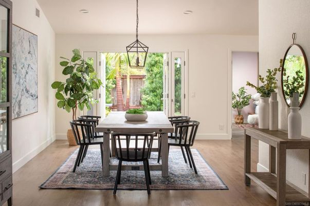 Dining room, Interior, Pendant Lights, Recessed Lighting, Wood Texture Flooring