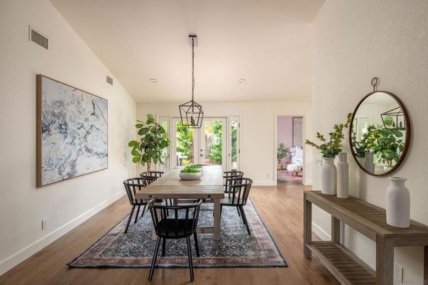 Dining room, Interior, Pendant Lights, Recessed Lighting, Wood Texture Flooring