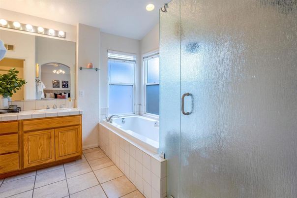 Bathroom, Glass Shower, Interior, Recessed Lighting, Tile Countertops