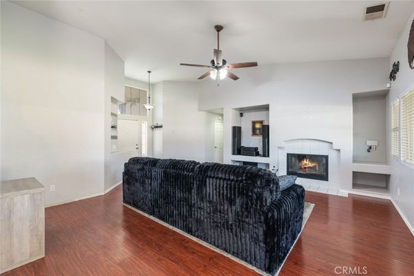 Fireplace, Interior, Living room, Pendant Lights, Wood Texture Flooring