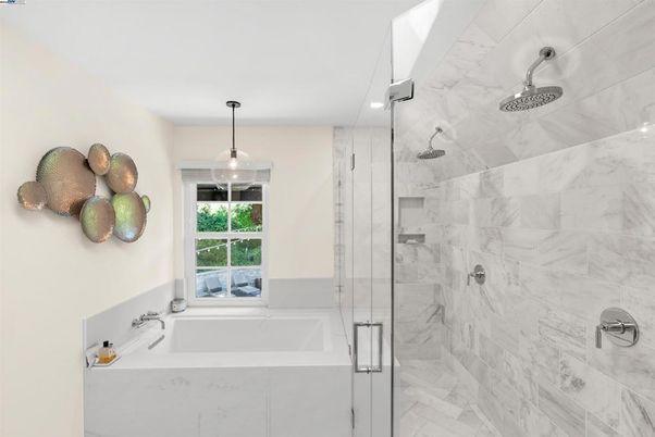 Bathroom, Glass Shower, Interior, Marble, Marble Walls, Pendant Lights