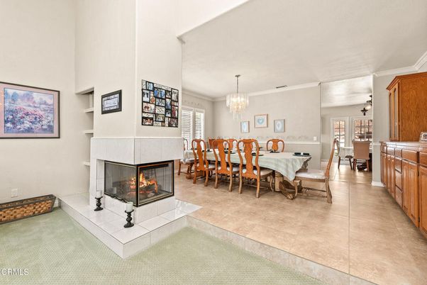 Chandelier, Dining room, Fireplace, Interior