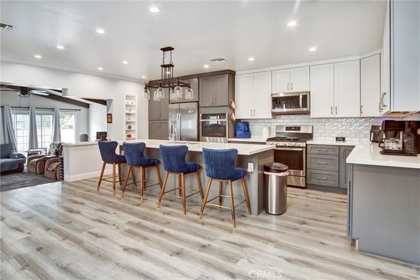 Interior, Kitchen, Living room, Pendant Lights, Recessed Lighting, Stainless Steel Appliances, Wood Texture Flooring