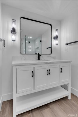 Bathroom, Interior, Marble Walls, Wood Texture Flooring