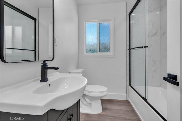 Bathroom, Glass Shower, Interior, Marble Walls, Wood Texture Flooring