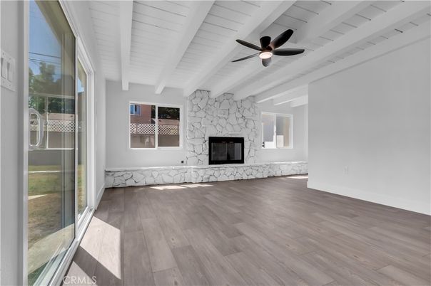 Empty room, Fireplace, Interior, Stone Walls, Wood Texture Flooring