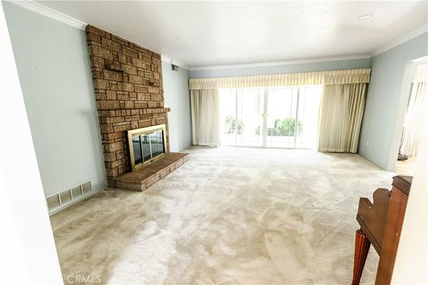 Empty room, Fireplace, Interior, Recessed Lighting, Stone Walls