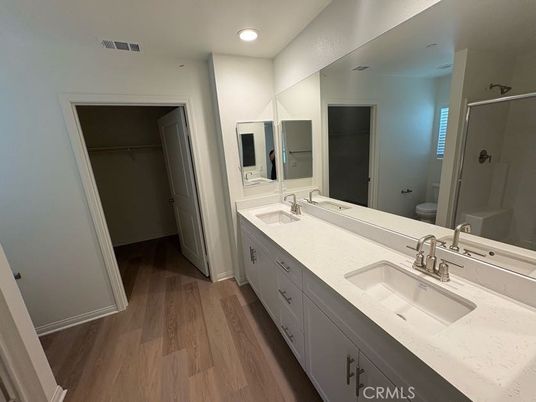 Bathroom, Dual Sink Vanities, Interior, Recessed Lighting, Walk-in Closets, Wood Texture Flooring