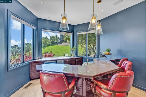 Dining room, Interior, Pendant Lights, Recessed Lighting, Wood Texture Flooring