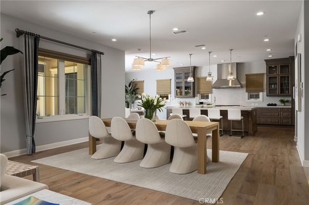 Dining room, Interior, Kitchen, Pendant Lights, Recessed Lighting, Stainless Steel Appliances, Wood Texture Flooring