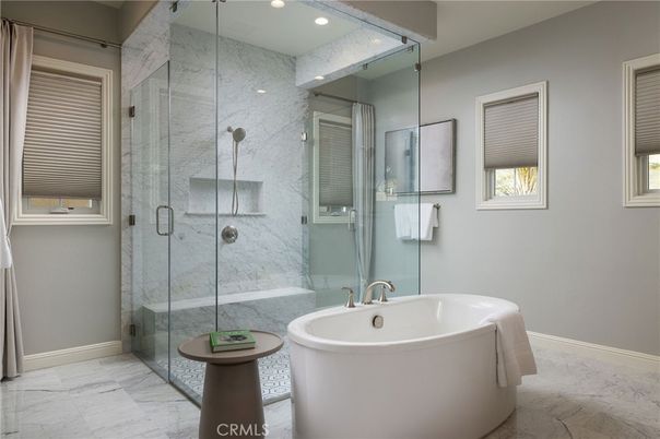 Bathroom, Free Standing Baths, Glass Shower, Interior, Marble, Marble Walls, Recessed Lighting
