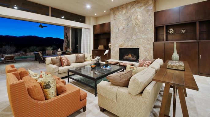 Fireplace, Interior, Living room, Recessed Lighting, Stone Walls