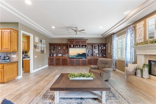 Fireplace, Interior, Living room, Recessed Lighting, Wood Texture Flooring
