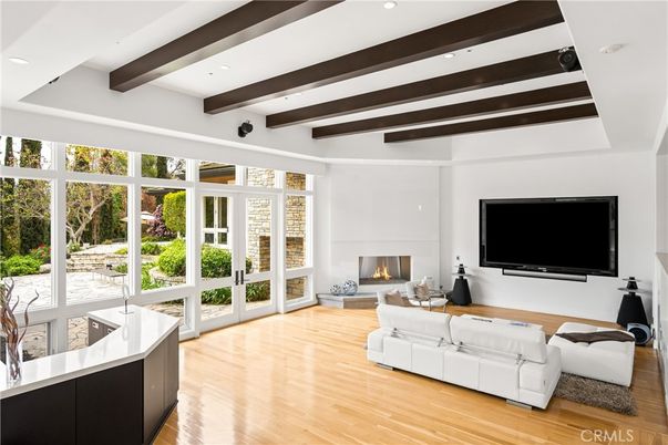 Fireplace, Interior, Living room, Recessed Lighting, Wooden Beams, Wood Texture Flooring