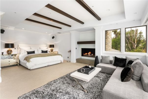 Bedroom, Fireplace, Interior, Living room, Recessed Lighting, Wooden Beams