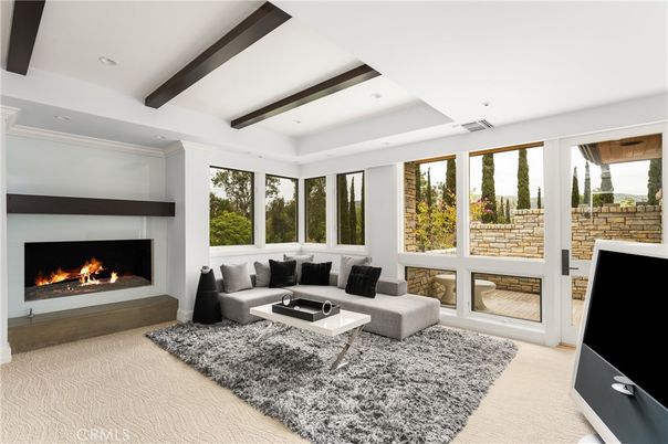 Fireplace, Interior, Living room, Recessed Lighting, Wooden Beams