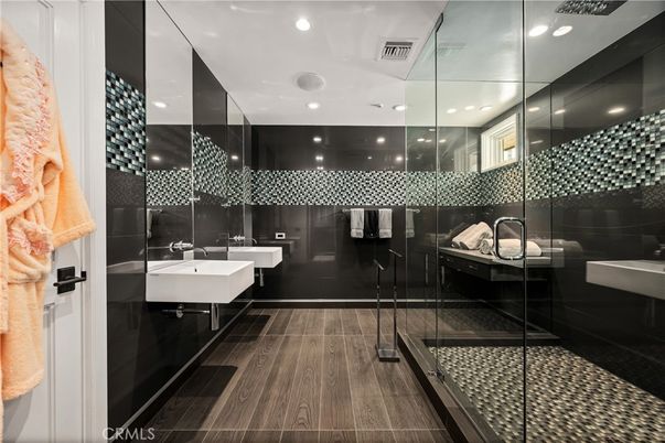 Bathroom, Glass Shower, Interior, Recessed Lighting, Wood Texture Flooring