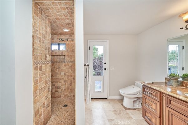 Bathroom, Glass Shower, Interior, Recessed Lighting, Stone Walls