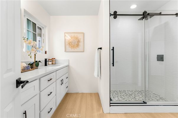 Bathroom, Glass Shower, Interior, Recessed Lighting, Wood Texture Flooring