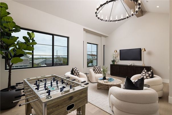 Game Room, Interior, Living room, Pendant Lights, Recessed Lighting, Wood Texture Flooring