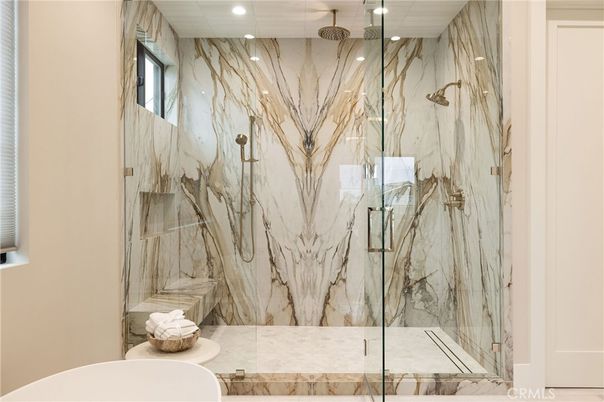 Bathroom, Glass Shower, Interior, Marble Walls, Recessed Lighting