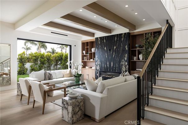 Fireplace, Interior, Living room, Marble Walls, Recessed Lighting, Wooden Beams, Wood Texture Flooring