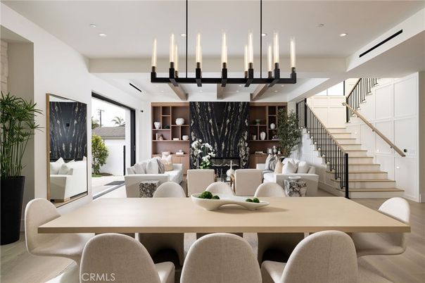 Dining room, Interior, Living room, Pendant Lights, Recessed Lighting, Wood Texture Flooring