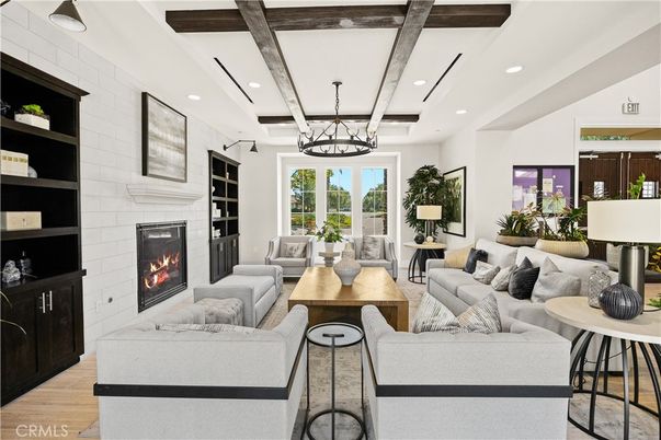 Fireplace, Interior, Living room, Pendant Lights, Recessed Lighting, Stone Walls, Wooden Beams, Wood Texture Flooring