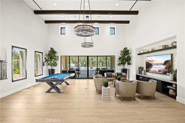 Billiard Table, Game Room, Interior, Living room, Pendant Lights, Recessed Lighting, Wooden Beams, Wood Texture Flooring