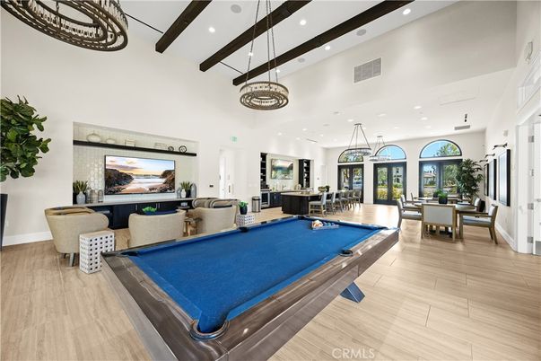 Billiard Table, Chandelier, Dining room, Game Room, Interior, Living room, Pendant Lights, Recessed Lighting, Wooden Beams, Wood Texture Flooring