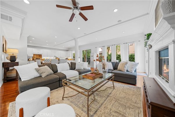 Dining room, Fireplace, Interior, Kitchen, Living room, Recessed Lighting, Wood Texture Flooring