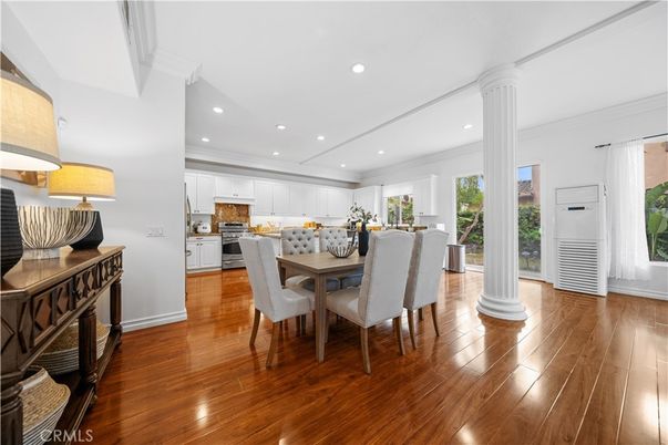 Dining room, Interior, Kitchen, Recessed Lighting, Stainless Steel Appliances, Wood Texture Flooring