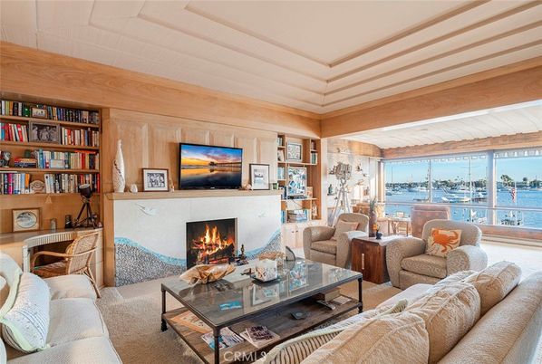 Fireplace, Interior, Living room, Water, Wooden Walls
