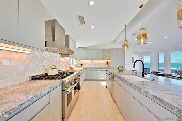 Interior, Kitchen, Pendant Lights, Recessed Lighting, Stainless Steel Appliances, Water, Wood Texture Flooring