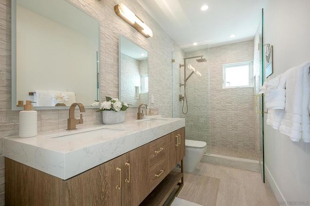 Bathroom, Dual Sink Vanities, Free Standing Baths, Glass Shower, Interior, Recessed Lighting, Wood Texture Flooring