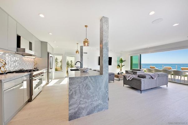 Interior, Kitchen, Living room, Pendant Lights, Recessed Lighting, Stainless Steel Appliances, Water, Wood Texture Flooring