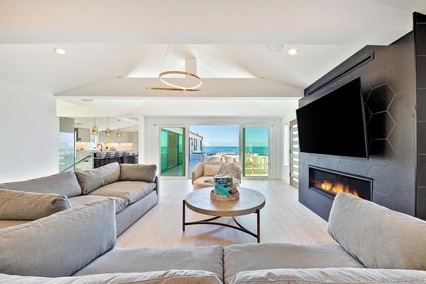 Fireplace, Interior, Living room, Pendant Lights, Recessed Lighting, Water, Wood Texture Flooring